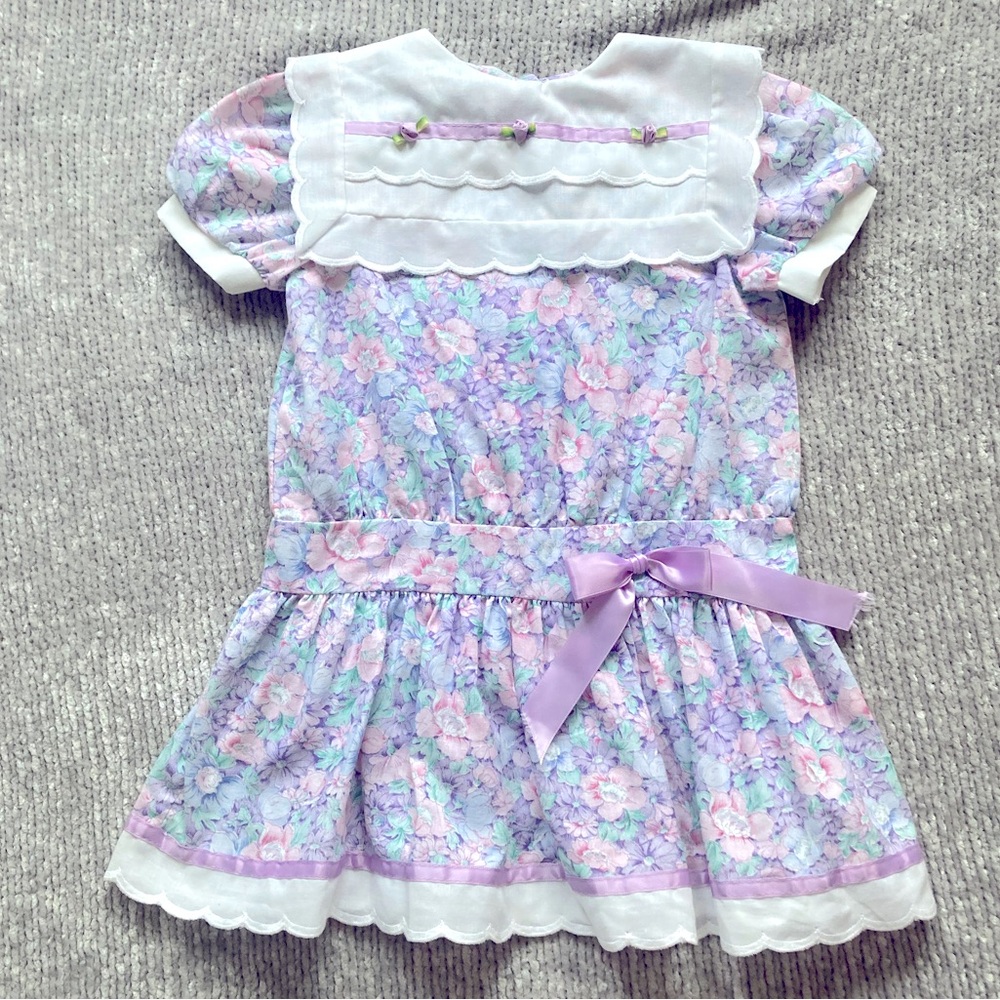 Vintage Evy Floral Dress Girls‎ Size 4 Pastel Cottagecore 90s Lace Bib